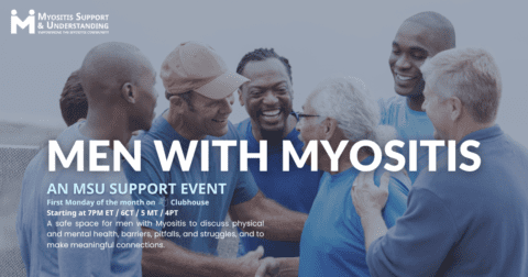 Men with Myositis Support group on Clubhouse. Picture showing men of diverse backgrounds in a circle laughing and talking