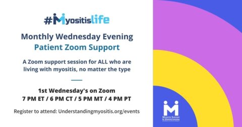 Myositis Patient Video Support, first Wednesdays session at 7 PM ET