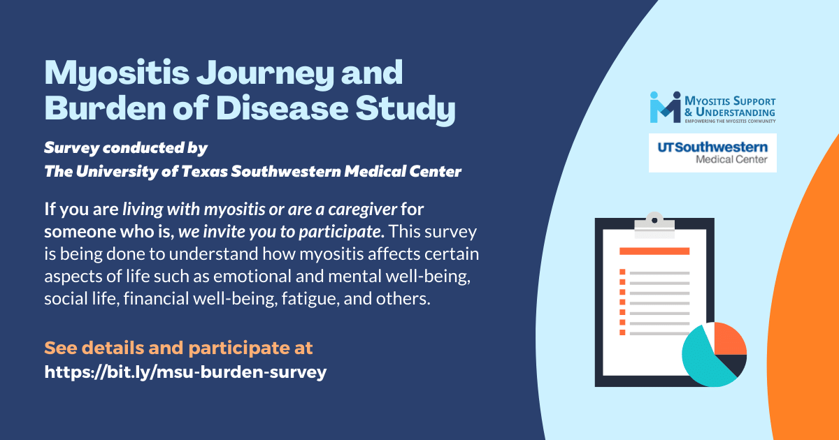 Myositis patients and caregivers are invited to participate in a survey to help us understand how myositis impacts certain aspects of life. The survey will close on May 20, 2022.