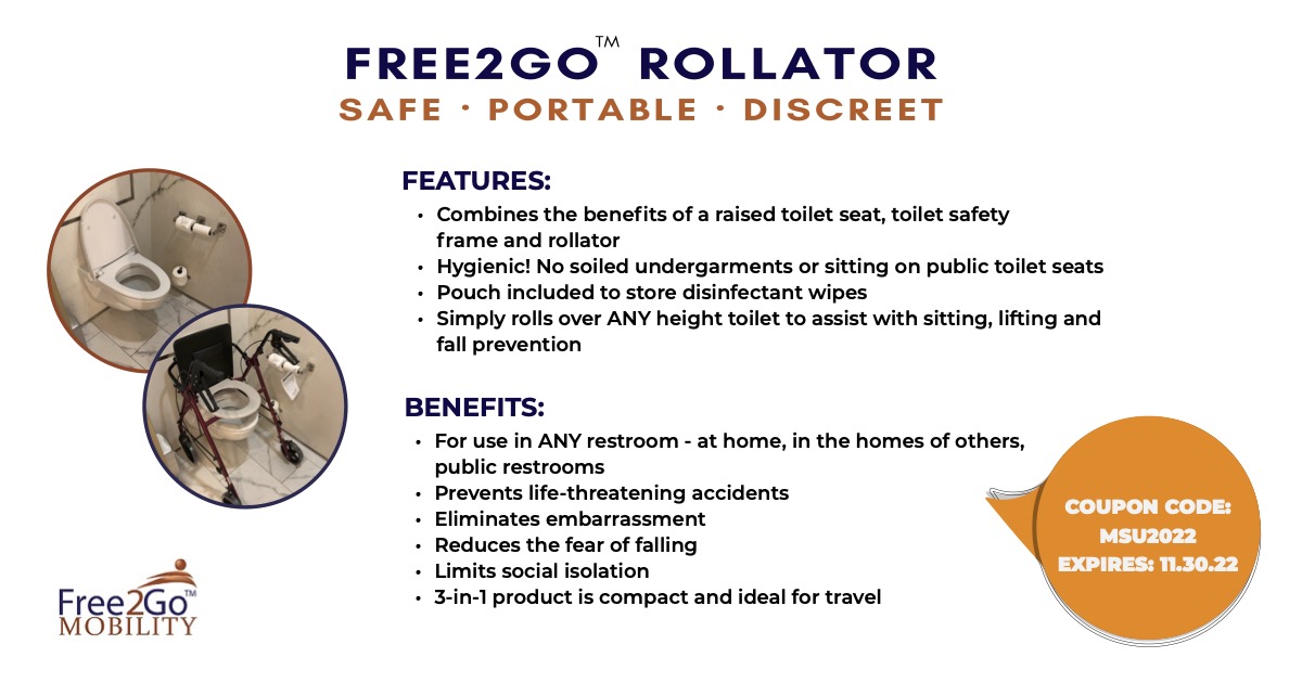 Learn about the Free2Go Rollator, a product that combines the benefits of a raised toilet seat, toilet safety frame, and rolling walker (rollator). Find out how and why the Free2Go was invented and how the Free2Go Rollator can help those with Myositis safely leave home without worrying about how they will toilet.